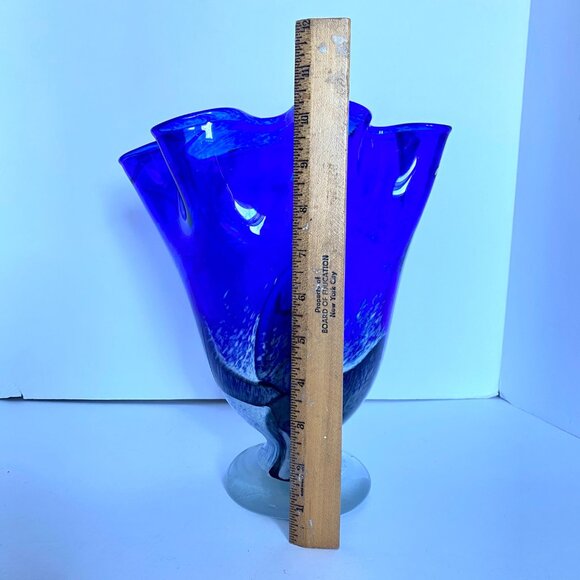 Mduca Cobalt Blue Art Glass Handkerchief Ruffle Edge Hand Blown Vase 10in Tall - Picture 9 of 12